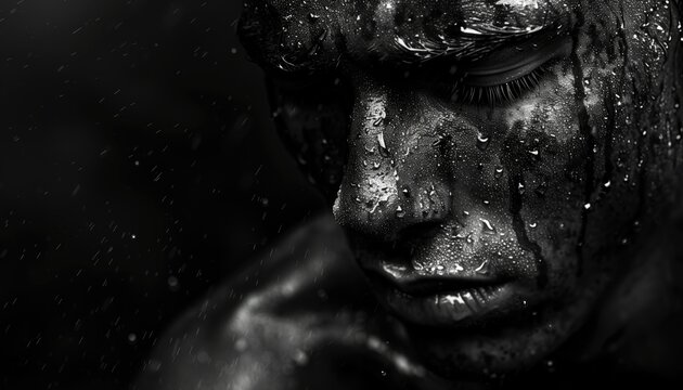 Fototapeta Monochrome photography of a mans face with water drops, in darkness. black background