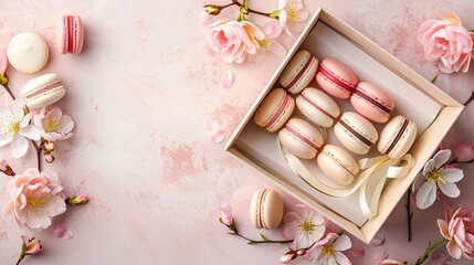 Assorted colorful macarons with fresh flowers on pastel background