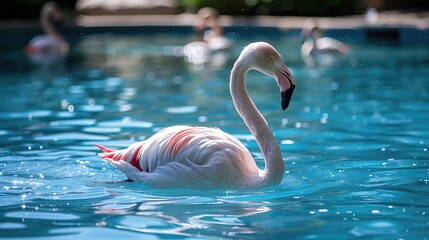 A flamingo wades in the water, its pink wings outstretched against the sky - obrazy, fototapety, plakaty