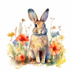 Whimsical Watercolor Bunny Amidst Blooming Floral Meadow Generative AI