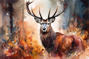 Majestic Red Deer Stag in Autumn Foliage Watercolor Painting Generative AI