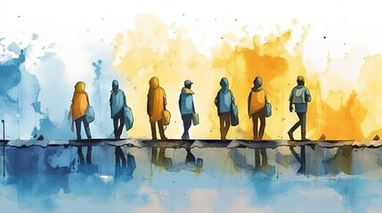 Silhouettes of Refugee Figures Walking the Path with Watercolor Blue and Yellow Generative AI