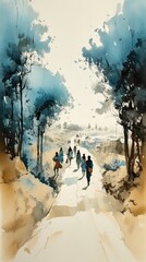 Watercolor Painting of Refugee Silhouettes on the Road Generative AI
