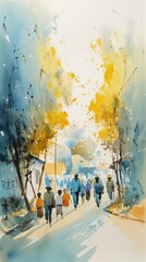Watercolor Silhouettes of Refugees Walking Along a Road Generative AI