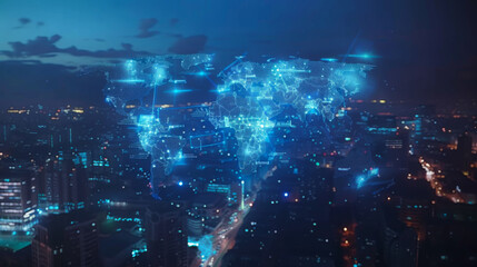 Glowing geolocation hologram with world map over modern city. Geolocation and distributed data concept.