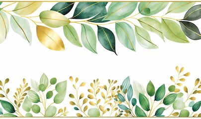 Watercolor Seamless Botanical Border with Golden Leaves Generative AI