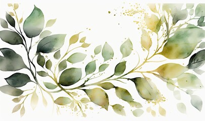 Watercolor Seamless Border with Green and Golden Leaves for Wedding Stationery Generative AI