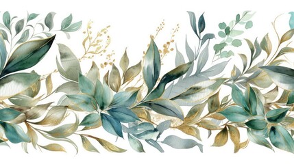 Watercolor Nature Border with Greenery and Golden Accents Generative AI