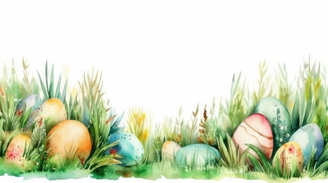 Easter Watercolor Border with Grass and Decorated Eggs Generative AI