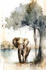 Watercolor Elephant in Safari Landscape Generative AI
