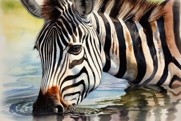 Fototapeta na wymiar Majestic Zebra Quenching Its Thirst at the Watering Hole Generative AI