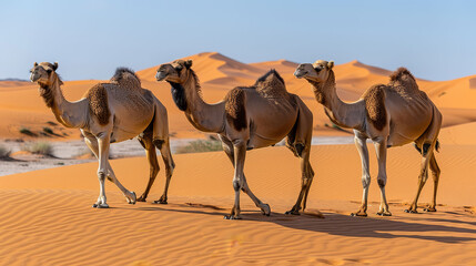   Three camels traverse the desert, surrounded by towering sand dunes A clear blue sky stretches overhead