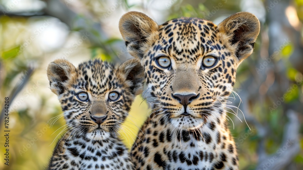 Poster male leopard and cub portrait with spacious area on the left for customized text insertion