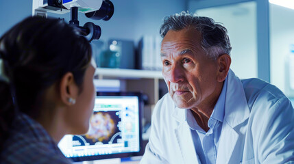 Obraz premium Senior Ophthalmologist Consulting with Patient in Modern Clinic