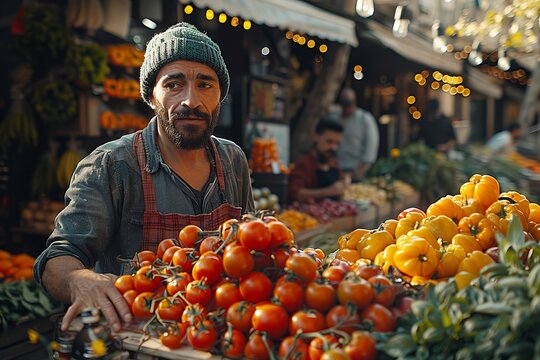 Man selling fresh tomatoes at local market, greengrocer offering natural foods