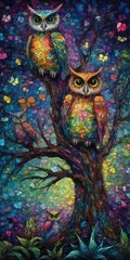 Whimsical Owl Family in Neo-Impressionist Painting Style Generative AI
