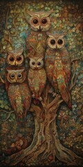 Whimsical Neo-Impressionist Owl Family Painting Generative AI