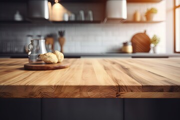 Fototapeta na wymiar Rustic Wood Table in a Cozy Kitchen Environment Generative AI