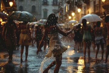 Embracing the rain-soaked dance in the city square, with clothes drenched but spirits high, epitomizing pure joy amidst the downpour. - obrazy, fototapety, plakaty