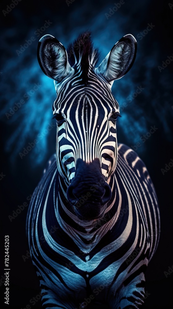 Poster collaged zebra on dark canvas generative ai