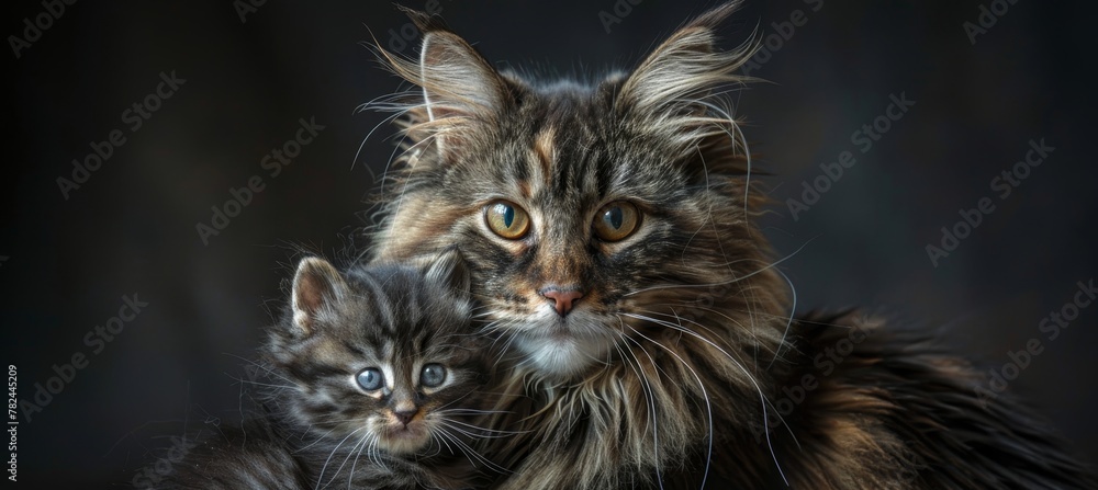 Poster male kodkod and kodkod kitten portrait with generous empty space for adding text