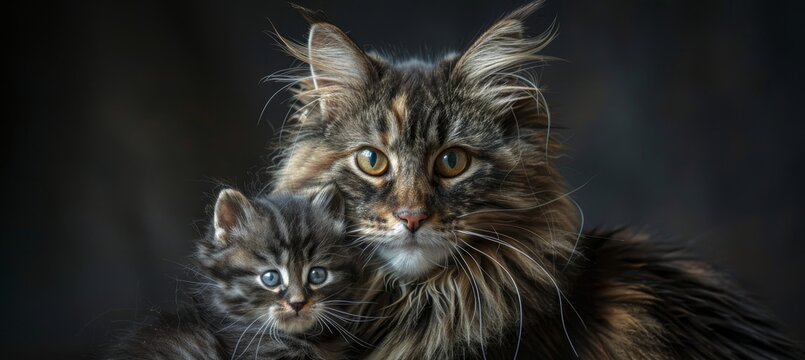 Male kodkod and kodkod kitten portrait with generous empty space for adding text