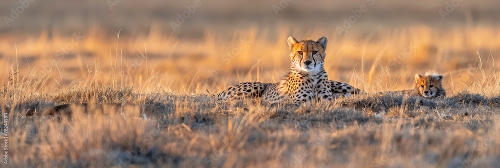 Poster male cheetah and cub portrait with ample space on left for text, object positioned on the right side