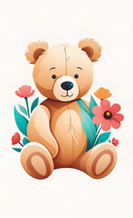 Vector illustration, children's teddy bear toy with flowers, background for children's room,