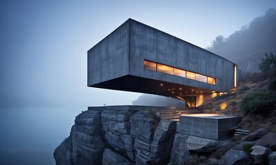 modern house is perched on a cliff above the ocean. The exterior is concrete and it is lit up from the inside. The lighting illuminates the exterior and creates a warm glow.