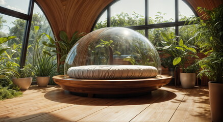 large transparent dome, containing a round bed, is placed on a wooden platform in a spacious room filled with potted plants and big windows.