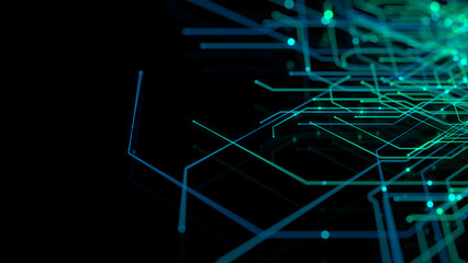 Futuristic Network Lines form a Technical Grid. Blue and Green Connectivity Concept.