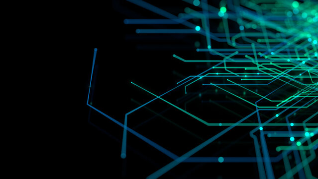 Futuristic Network Lines form a Technical Grid. Blue and Green Connectivity Concept.