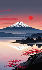 Majestic Mount Fuji, Japans iconic peak, bathed in warm hues of breathtaking sunset. Tranquil beauty of scene is accentuated by blending colors of sky. For art, creative projects, fashion, magazines.