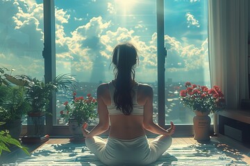 a woman is sitting in a lotus position in front of a window