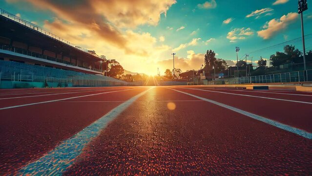 Slow Motion Video of a Sunrise over Empty Athletic Running Track in Stadium