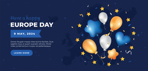 Europe Day 9th May. Happy Europe day blue banner with map and balloons