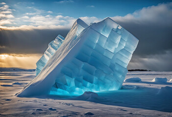 An iceberg is illuminated by a blue light in a snowy landscape. - 782447459