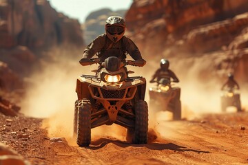 A group of people is riding ATVs on a dirt road in an ecoregion