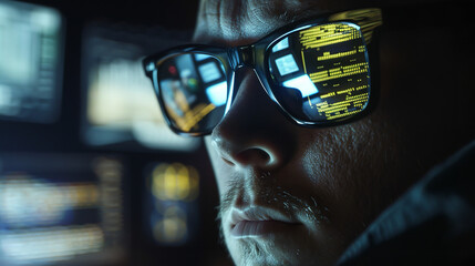 a compelling and cinematic photograph that focuses on the reflection of multiple computer screens in the dark, reflective sunglasses of a hacker
