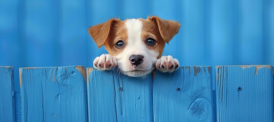 Curious puppy with paws up peeks over blue wooden background, space for text on blurred backdrop