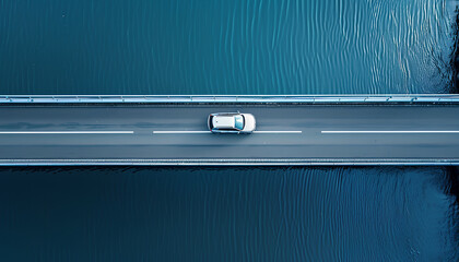 Car driving on a bridge, top view - obrazy, fototapety, plakaty