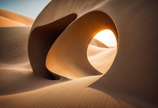 sculpture is visible in the desert, made of sand. The sun shines through a hole in the sculpture. The sky is blue and the sun is shining.