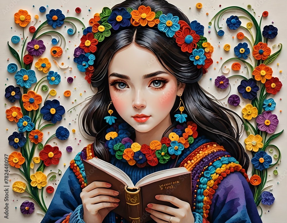 Wall mural portrait of a girl with the book