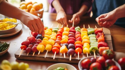 The family is engaged in the activity of making fruit skewers together, fostering bonding moments and promoting healthy eating habits in a fun environment.