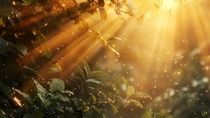 The gentle morning sun filters through the lush forest canopy, illuminating the verdant surroundings and creating a tranquil, ethereal atmosphere of natural beauty.