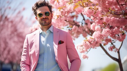 Contemporary man dons stylish spring attire, adorned in soft pastel pink and blue hues, epitomizing modern fashion with a touch of springtime freshness.