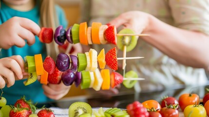 The family gathers to make fruit skewers together, enjoying a fun and wholesome activity that encourages togetherness and healthy eating.