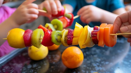 Children enthusiastically engage in the activity of making fruit skewers on sticks, a delightful and creative culinary endeavor promoting teamwork and healthy eating habits.