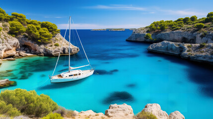 Beautiful beach with sailing boat yacht, Menorca island, Spain - obrazy, fototapety, plakaty