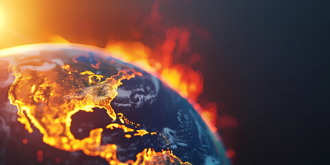 Earth globe under the extreme heat of the sun, Europe burning into flame, destroyed by fire, conceptual illustration of global warming, temperature increase and climate change disaster - 782448243